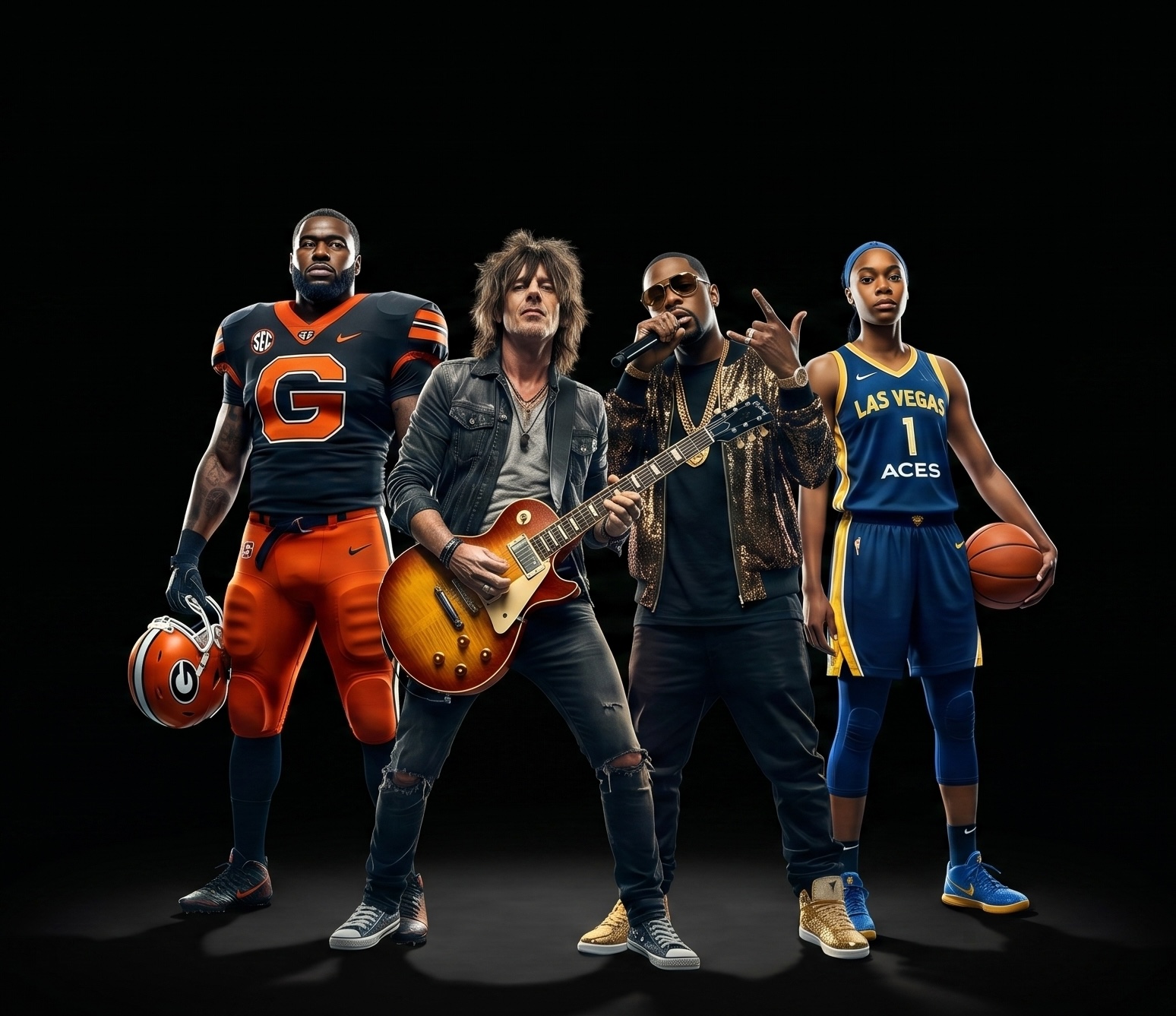 An SEC football player, a rock guitarist, a hip-hop artist, and a Las Vegas Aces basketball player — the talent verticals 45PASS supports.